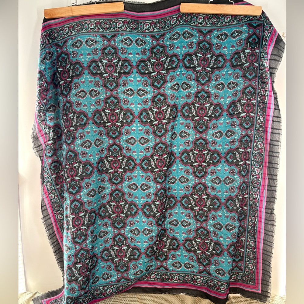 Vintage Gina Ruccini Paisley Floral Scarf Fringe Shawl Boho Turquoise Pink Black